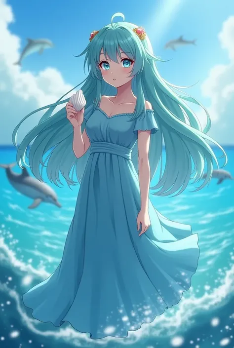  "4K anime style quality, digital drawing mode, Ancient Greek myths-themed anime female character, long flowing aqua hair with bright blue eyes full of life, wearing a simple, flowing blue dress, no crown or symbols of authority, holding a conch shell symb...