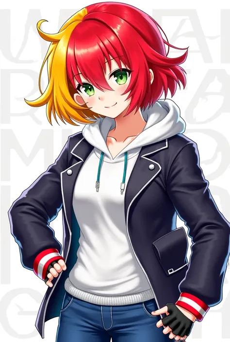 I'm Saori Shimizu, a girl with short red and yellow hair, light green eyes, wearing jacket with white undershirt, hoodie that cover my hair, jeans, gloves that do not cover fingers