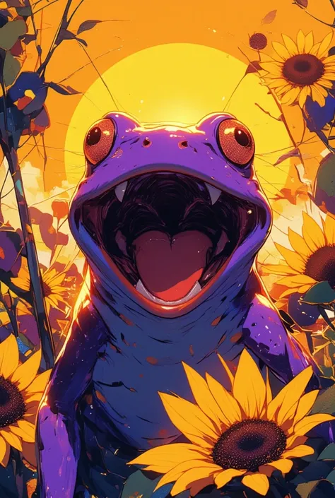 Purple frog laughing like crazy,Backlit Sunlight ,sunflower,  pop art painting  , pop art , ( collage ), added  Details,  closeup shot, a contemporary artistic collage