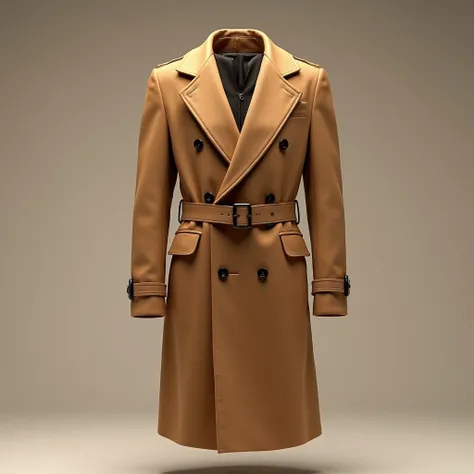 a camel-colored double-breasted overcoat with wide lapels and a belted waist, studio lighting, product photography, solid background, high quality, detailed, photorealistic