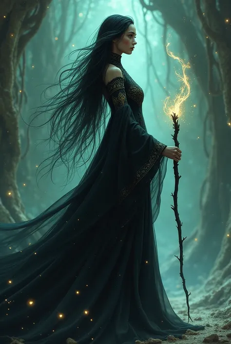 
RPG, D&D, Eladrin, dark gown, spores, black hair ,  dark gown, hold a wand