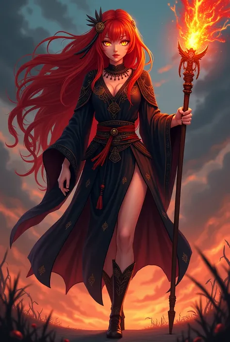  "4K anime style quality, digital drawing mode, Native American folklore-themed anime female character, long fiery red hair with intense glowing yellow eyes, wearing a dark ceremonial robe adorned with symbols of chaos, holding a staff crackling with destr...