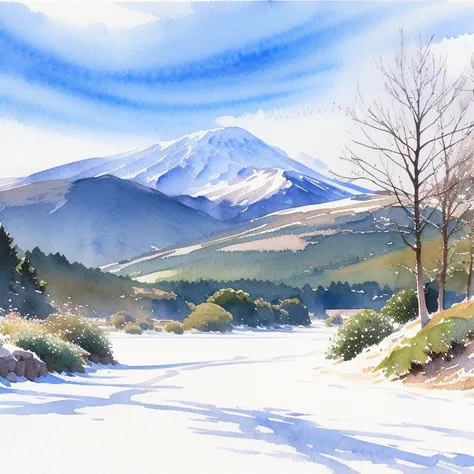 (  Masterpiece:1.2,   Top Quality),( very well detailed ),(((watercolor))),8k,  wallpaper, snow,winter. Fuji,  blue sky,(((  Ghibli style  ))),透明watercolor