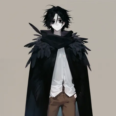 1man, solo, long messy black hair, black eyes, bags under eyes, pale skin, slim body, black cloak, black feathers, white blouse, brown pants, black scarf, black gloves, expressionless, hands on pockets, crows, ravens, standing, looking at viewer, simple ba...