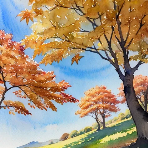 (  Masterpiece:1.2,   Top Quality),( very well detailed ),(((watercolor))),8k,  wallpaper,autumn leaves、autumn leaves、Fuji,  blue sky,(((  Ghibli style  ))),透明watercolor