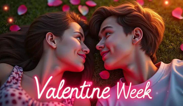  "A hyper-realistic, top-down view of a couple lying on the grass in a serene park, surrounded by colorful rose petals. Both the girl and boy are gazing into each other's eyes with their eyes wide open and full of emotion, capturing an intimate moment. The...