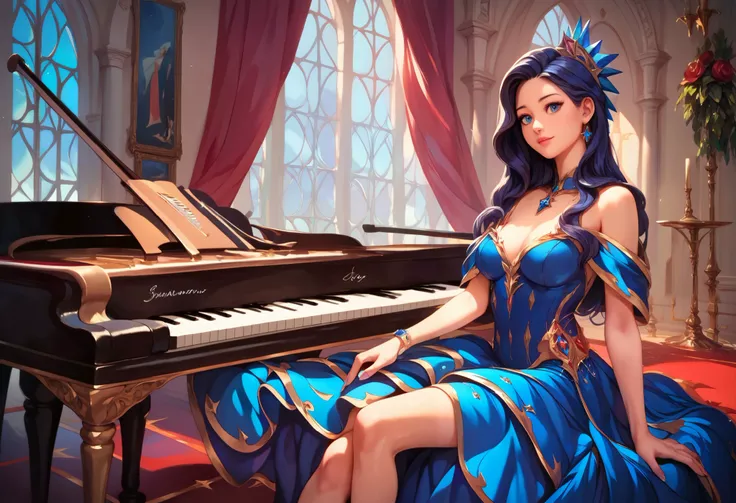 ((best quality)), ((masterpiece)), (detailed), perfect face, ((Best quality, 8k, Masterpiece: 1.3)), Sharp focus A beautiful women with perfect body, pianist, playing piano, blue dress