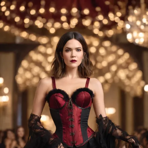 best quality, highres, 8k, masterpiece, photography, detailed midbody photorealistic portrait. Mandy Moore captivates the audience in a seductive deep burgundy lace-up corset with black lace detailing, paired with sheer black thigh-high stockings and a sul...