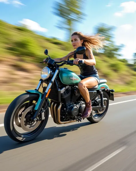 woman riding a motorbike, motion blur lines, speed lines, horizontal motion blur, panning shot, side view, road, nature,   . (masterpiece, best quality:1.2)