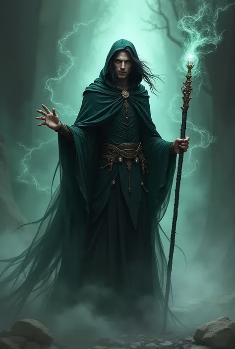 
RPG, D&D, Eladrin, male, dark gown, spores, black hair ,  dark gown, hold a wand