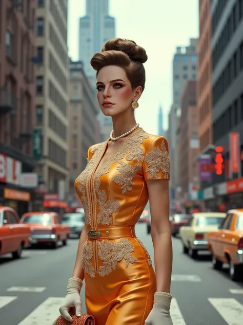 Draw this face with 20th century 60s fancy female fashion clothes and she is standing on the street of New York with a handbag in her hand