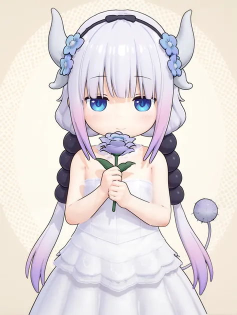 3d, 1girl, solo, kanna kamui, kobayashi-san chi no maidragon, loli, tail, hair flower, dress, white dress, wedding dress, standing, upper body, holding, flower, holding flower, looking at viewer, light smile, closed mouth, patterned background, masterpiece...