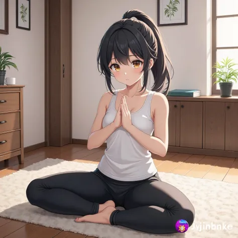 Anime front view of a beautiful black haired ponytail in white tank top, black pants, sitting on a mat joining her hands and doing yoga surya namaskar in her house room. Solo.