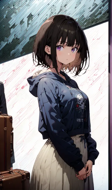 Takiuchikami,  check it out, long short hair , bob cut, bangs,   black hair,   purple eyes,Medium breast,Blue oversized hoodie , white long skirt, Bbo~, suitcases, standing,whole bodyがイラストに入る入るように,
break indoors,airport,lobby,
break looking at viewer,whole...