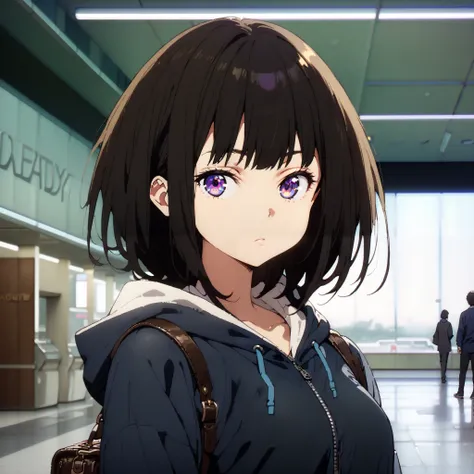 Takiuchikami, check it out, long short hair , bob cut, bangs, black hair, purple eyes,Medium breast,Blue oversized hoodie , white long skirt, Bbo~, suitcases, standing,whole bodyがイラストに入る入るように,
break indoors,airport,lobby,
break looking at viewer,whole...