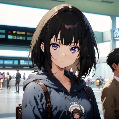 Takiuchikami, check it out, long short hair , bob cut, bangs, black hair, purple eyes,Medium breast,Blue oversized hoodie , white long skirt, Bbo~, suitcases, standing,whole bodyがイラストに入る入るように,
break indoors,airport,lobby,
break looking at viewer,whole...