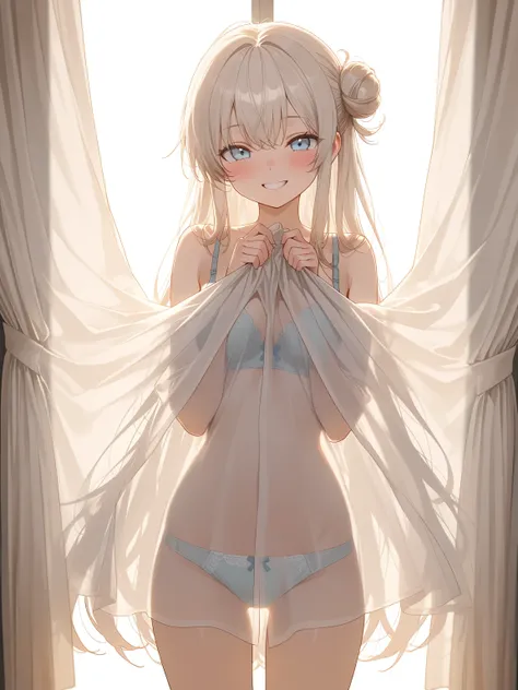 (masterpiece, best quality, ultra-detailed character), 1girl, platinum blonde hair, very long hair, single side bun, light blue eyes, bra, panties, blush, grin, standing, curtains, window, backlighting, curtain grab, covering privates with curtains, see-th...