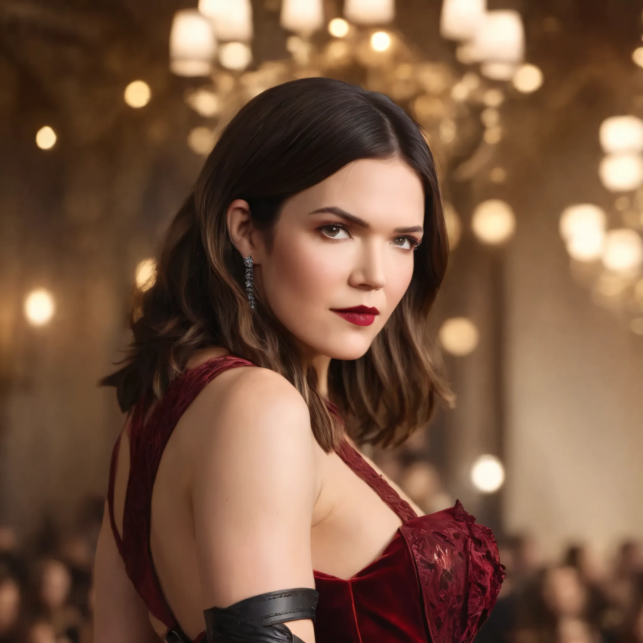 best quality, highres, 8k, masterpiece, photography, detailed midbody photorealistic portrait. Mandy Moore captivates the audience in a seductive deep burgundy lace-up corset with black lace detailing, paired with sheer black thigh-high stockings and a sul...