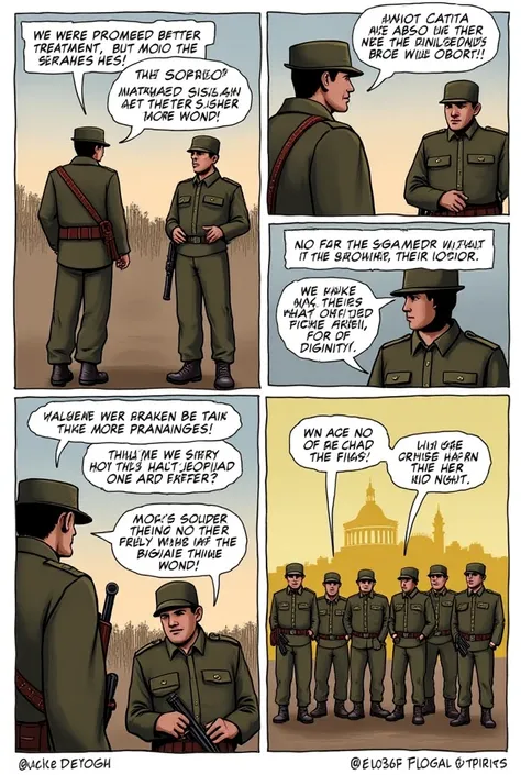 - Panel 1: A Filipino soldier stands at the Cavite arsenal.  Narration: "We were promised better treatment, but the Spaniards broke their word."
 
- Panel 2:  A Spanish officer approaches, looking stern. Dialogue (Officer): "No more privileges! You will ob...