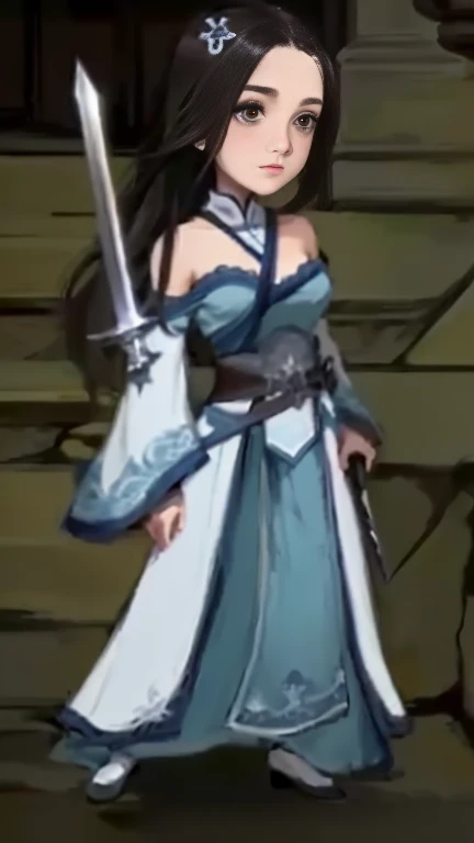 A woman in a light blue dress，Holding a sword,  Light Blue and White Robe,  she holds a sword ,  light blue clothes, Pretty Female Swordsman , Full body fairy, Dressed like a priest