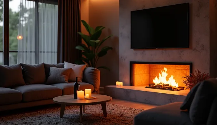 "A modern and cozy living room with a warm lighting ambiance. A dark-colored sofa, a coffee table with a candle and a wine bottle placed on it. Behind, there are dark curtains and indoor plants. Instead of a mounted TV on the wall, there is a natural-looki...