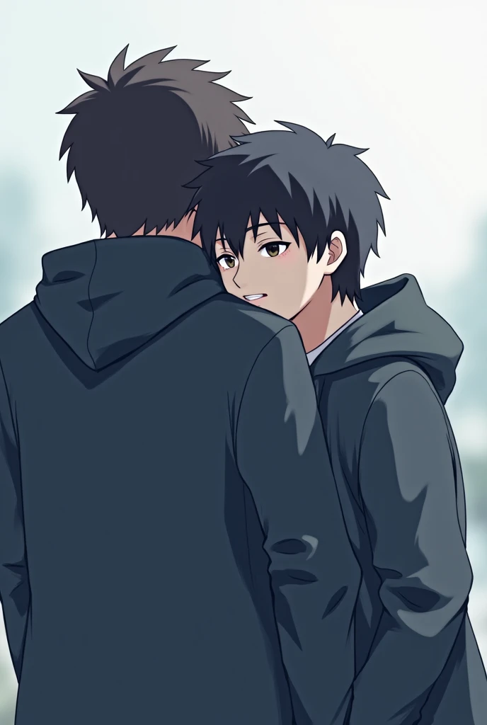 A man in a Japanese anime picture is leaning on his shoulder against a man wearing a hoodie