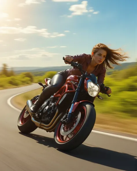 woman riding a motorbike, motion blur lines, speed lines, horizontal motion blur, panning shot, side view, road, nature,   . (masterpiece, best quality:1.2)