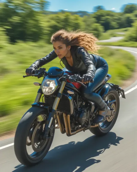 woman riding a motorbike, motion blur lines, speed lines, horizontal motion blur, panning shot, side view, road, nature,   . (masterpiece, best quality:1.2)