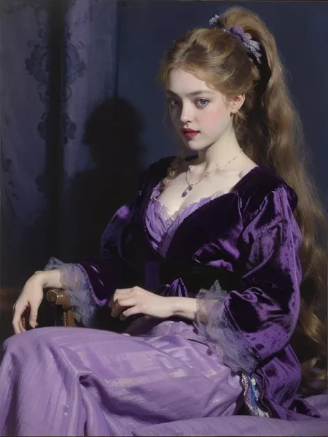 Amanda Seyfried with golden hair in curls tied back into a low ponytail with a violet velvet ribbon and blue eyes. She wears a violet - purple silk gown with a low sweetheart neckline and long puffed tulle sleeves dotted all over with tiny black pearls and...