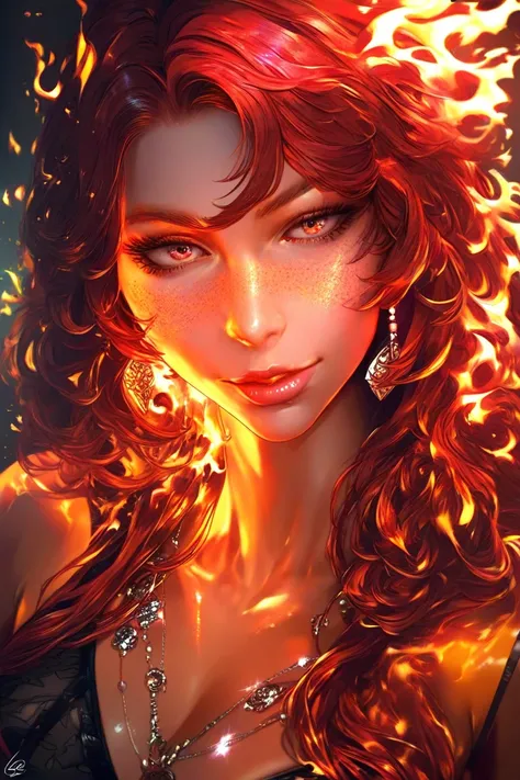 A woman with red hair and a necklace, realistic digital art 4 k, realistic digital art 4k, gorgeous digital art, beautiful digital artwork, red glowing hair, stunning digital illustration, orange skin and long fiery hair, glossy digital painting, 8k high q...