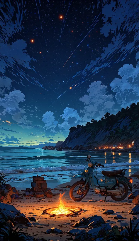 A breathtaking, semi-realistic anime-style scene of a lone traveler sitting by a warm campfire on a quiet, moonlit beach at night. The traveler, wearing a light hoodie and jeans, sits cross-legged on the sand, gazing into the flickering flames. Beside them...