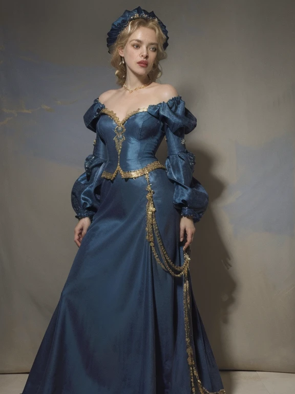 Rachel McAdams with blonde hair in waves caught up into a Renaissance style gold hairnet studded with sapphires and gray eyes. She wears a rich ocean blue gown with an off shoulder neckline and long tight sleeves, with the bodice split at the front. The dr...