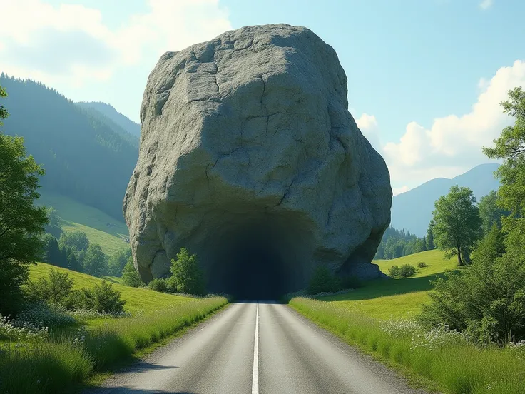 A big rock is blocking a small country road in a hyperrealistic style