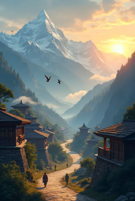 Nepal village where mountains with snow are visible. The sun is just to be set and people are walking. Some birds are flying and it looks like they are flying back to the nest