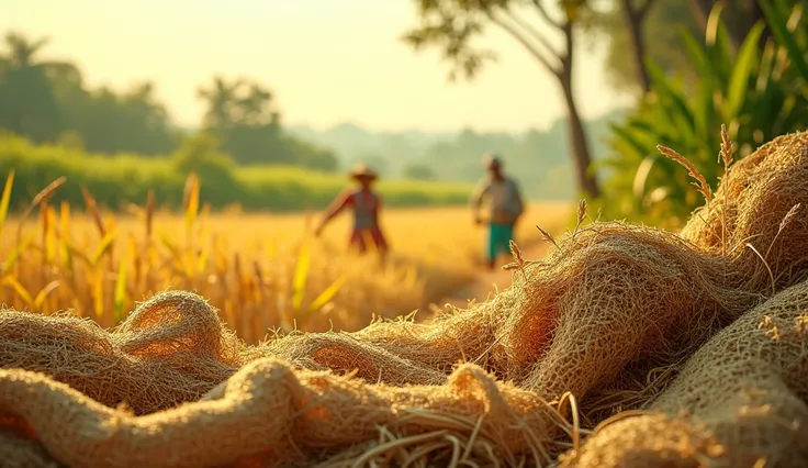 Create a image for my website which is a trading company of jute products. That image should have jute fibers and hessian cloth. Also as jute is environment friendly, so I want greem on the image. Put some artistic view of jute fields and famers harvesting...