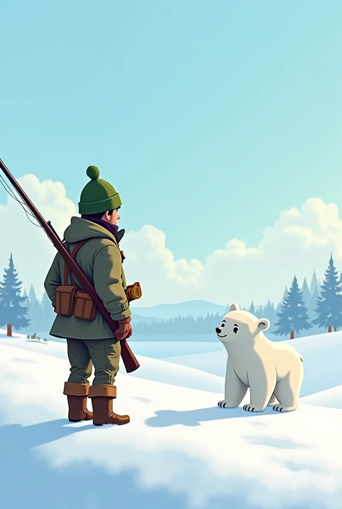 A fisherman wearing hunting clothes and holding a hunting rifle is watching the little white bear and his mother walking with white snow. It is possible to have a modern Disney picture with delicate features and fine details in Al-Nashed