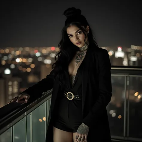 Photograph at night in New York of a tattooed white-skinned woman, long wavy black black hair with bun, light skin, all tattooed,  pale white skin , She wears a sexy long elegant black blazer, black tailoring shorts with belt with gold buckle, She is leani...