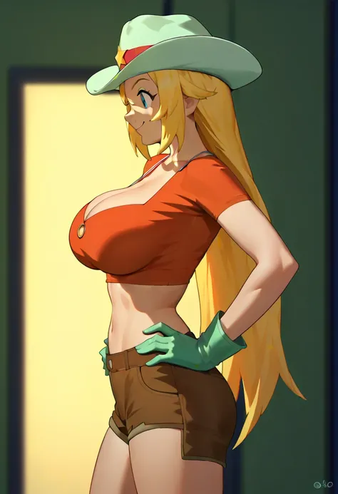 score_9, score_8_up, score_7_up,masterpiece,high quality, 1girl, indoors, melody honey,long hair, blonde hairlarge breasts,cowboy hat, gloves, cleavage, midriff,brown shorts,hands on hip,from front,huge juicy breasts,smile,hands at head side,