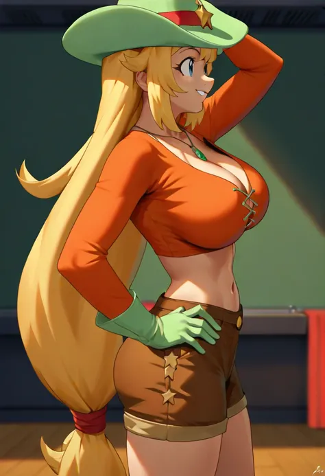 score_9, score_8_up, score_7_up,masterpiece,high quality, 1girl, indoors, melody honey,long hair, blonde hairlarge breasts,cowboy hat, gloves, cleavage, midriff,brown shorts,hands on hip,from front,huge juicy breasts,smile,hands at head side,