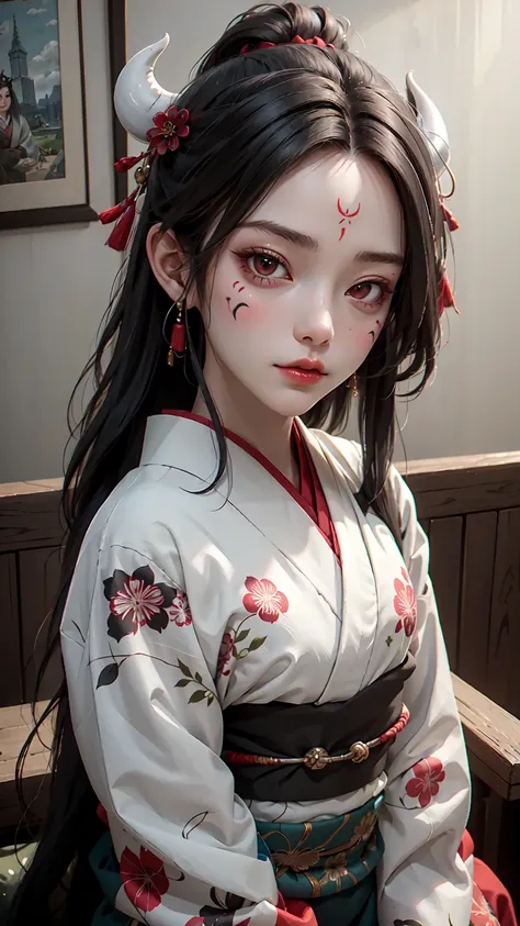  top quality,  Masterpiece,  complicated details: 1.2,  beautiful face,  in the seat, Girl in patterned  kimono, viewer: 1.3,  Face Tattoos : 1.2,  Little Oni Horn,  kimono,  red eyes, My Hair Has Horns 、 My Head Has Horns 