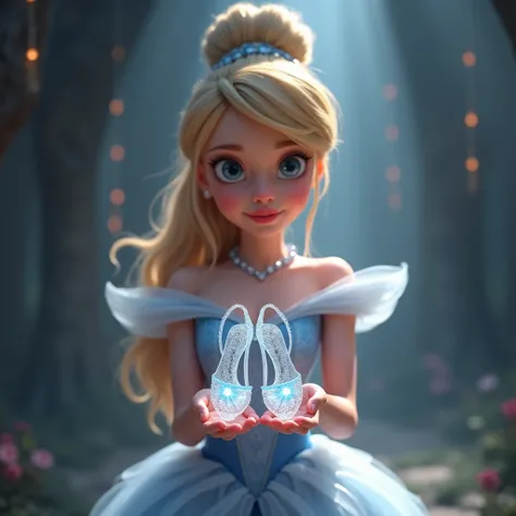 Cinderella has glass shoes in both hands　 facing the front 