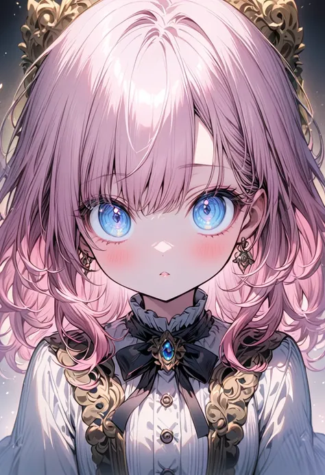 （ antique、Girly：1.2、 pink hair：1.1、 blue eyes：1.1、 bigger eyes）female 1 person、 upper body、