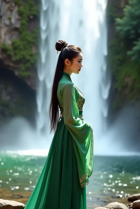 araffe asian woman in a green dress standing in front of a waterfall, xintong chen, chinese girl, heise-lian yan fang, wenfei ye, xue han, yun ling, lei min, xision wu, li zixin, xianxia, traditional chinese, chinese woman, palace ， a girl in hanfu, ruan j...