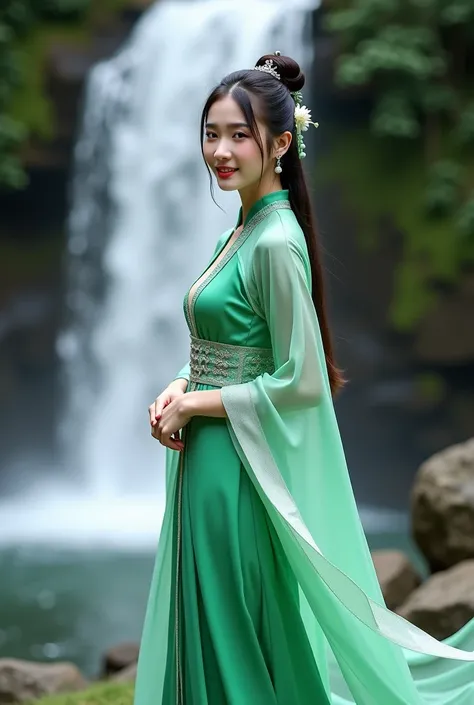 araffe asian woman in a green dress standing in front of a waterfall, xintong chen, chinese girl, heise-lian yan fang, wenfei ye, xue han, yun ling, lei min, xision wu, li zixin, xianxia, traditional chinese, chinese woman, palace ， a girl in hanfu, ruan j...