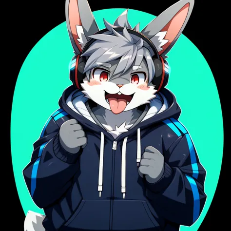     Hi-Res,     gray hair ,     open your mouth slightly ,      please stick out your tongue   , rabbit,   fat man, droopy ears、big tail simple background  ,    look down ,     anime style with Sudden Curse ni,        headphones    、  gray hair 、  cyberpun...