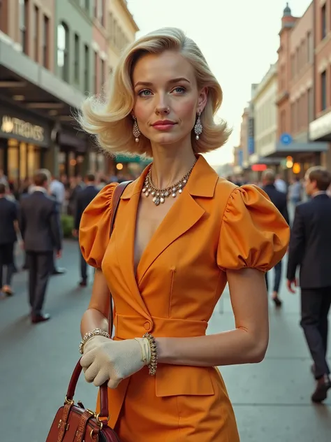 Draw a woman with model Victoria Turner’s face and she is wearing a 20th century 60s fancy female clothes and she is standing on the street of Melbourne with a handbag in her hand, she has white skin color and blonde hair, she is wearing jewelry