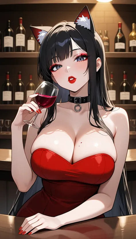  just a cute girl ，Short，Baby Face Big Breasts， well-shaped ，Eyeshadow， red lips，grace， long black hair，Collar，Cat ears，Wear a strapless red dress，wine tasting ，wine，bar，Dim light