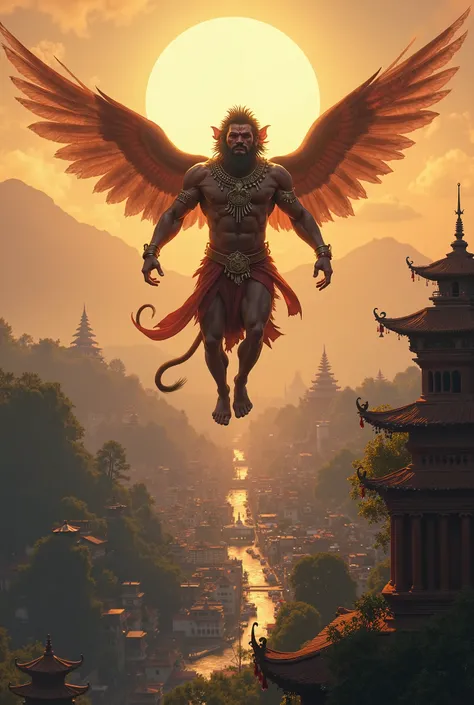 Lord Hanuman flying above the surface of Kathmandu valley