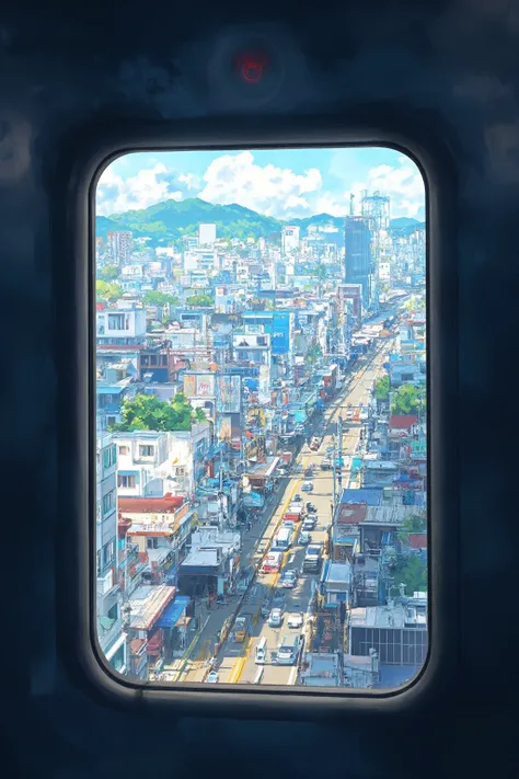 A colorful view of the city of Tokyo passing by seen from the window of the train's vertical rectangular entrance, random time zone and weather taken in Tokyo , Taken with iPhone 13 Pro ,  from train window , Downtown Japan, window view , anime style and F...