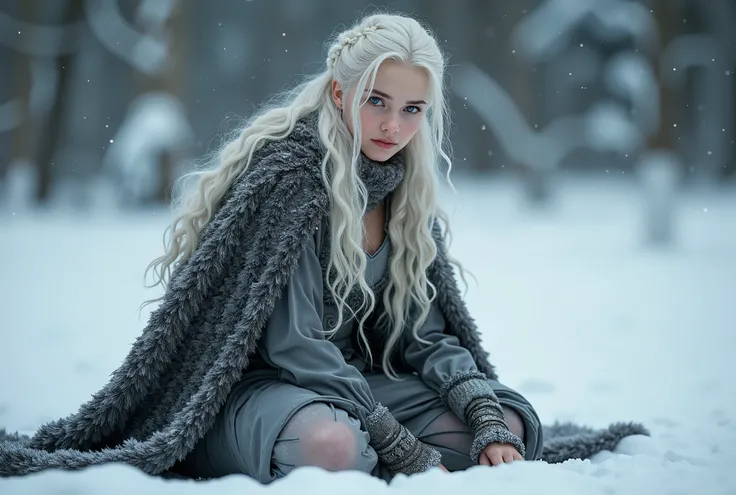  Slender Girl Beautiful, normal breasts ((wearing Daenerys Winter Outfit)) long white curly and wavy White Hair tied in a daenerys hairstyle. adorable masterpiece  , snowy, very thick hourglass figure body, closeup view, looking at viewer showing cleavage,...